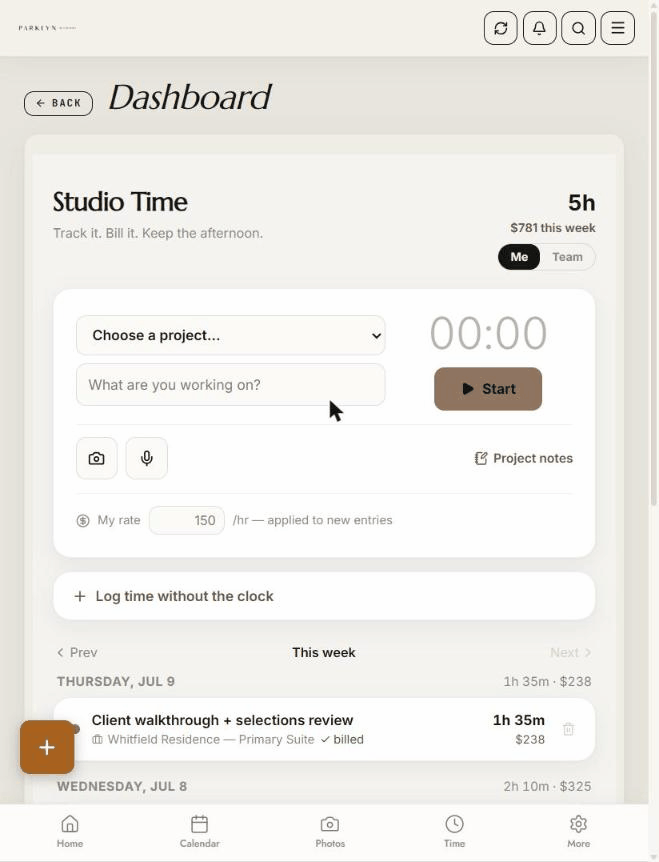 Studio Time on a phone — live timer on a project, entries logged and priced automatically