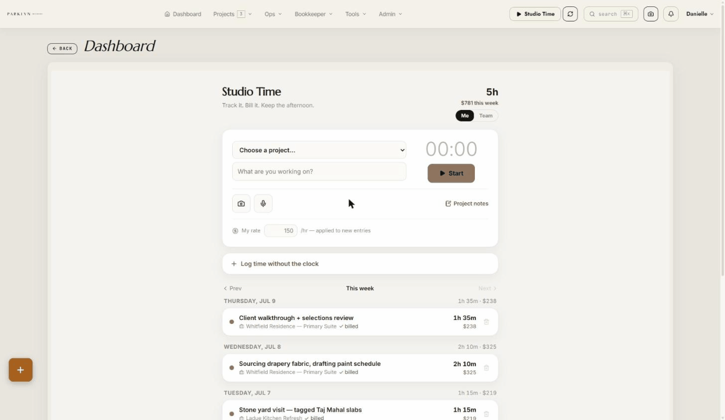 Studio Time — live timer on a project, entry logged and priced automatically