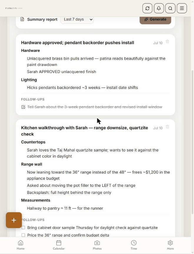 AI walkthrough notes on a phone — spoken notes organized by topic with follow-up checkboxes