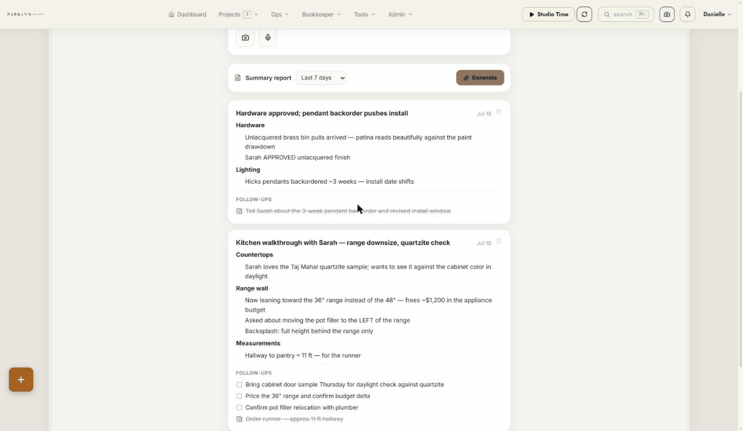 AI walkthrough notes — spoken notes organized by topic with follow-up checkboxes