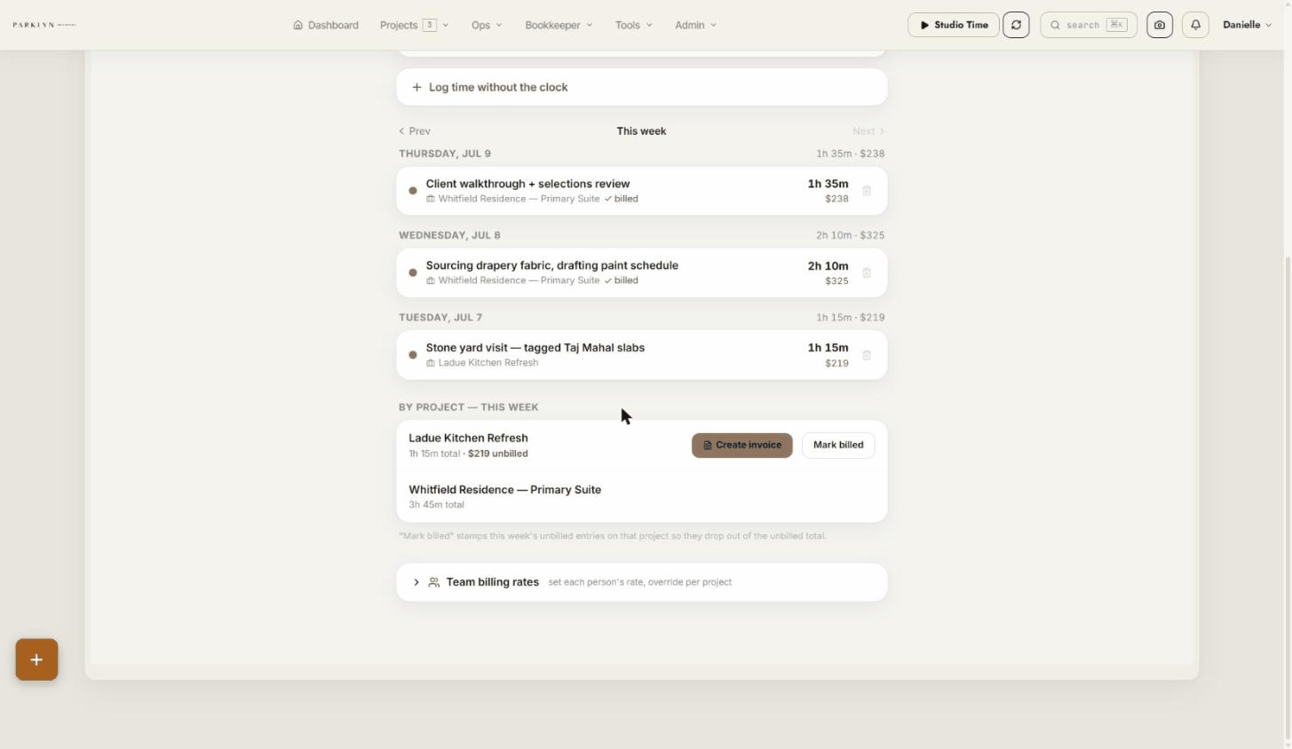 Unbilled hours turned into a draft invoice with one tap