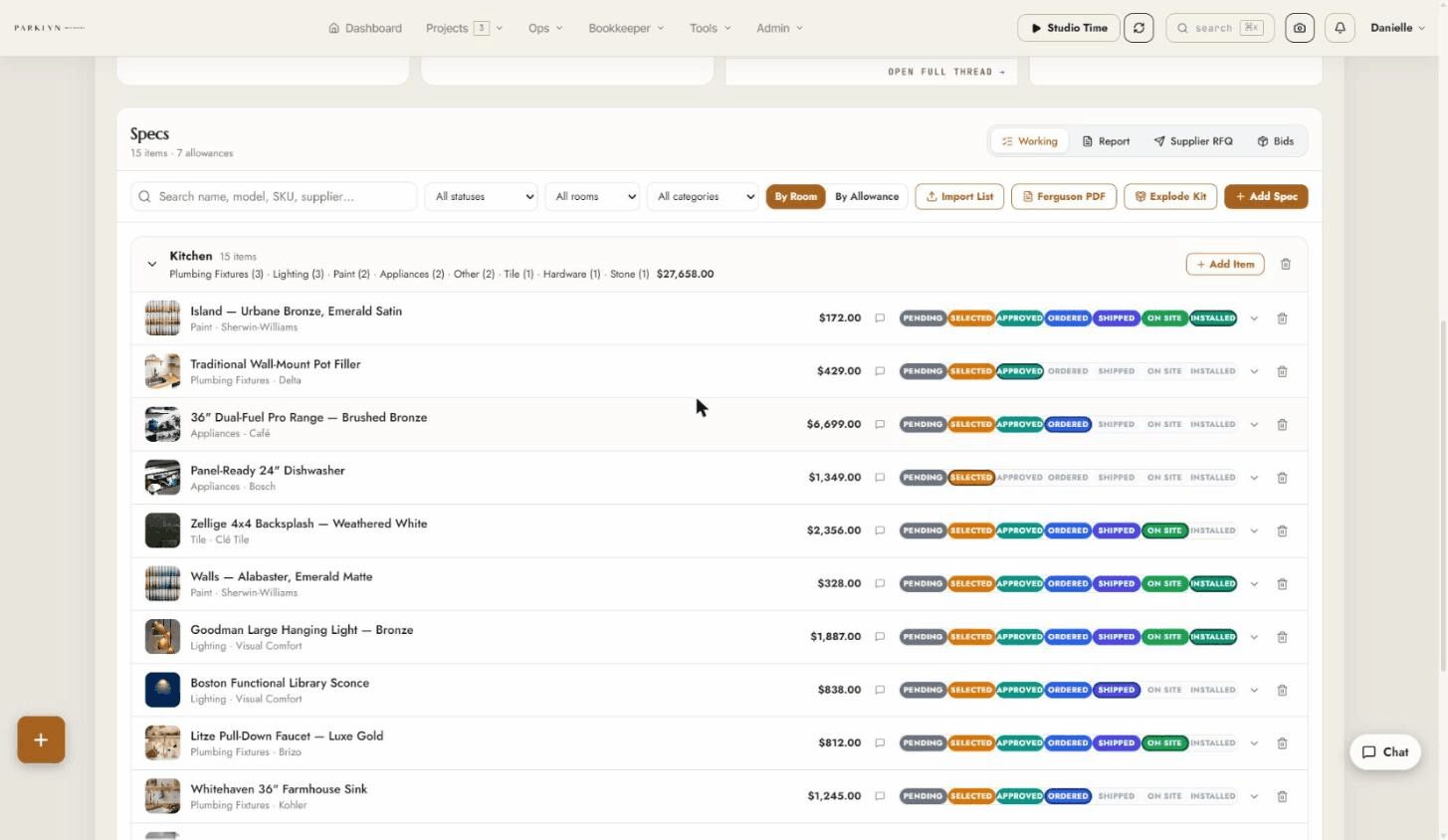 The specs board — every kitchen selection as a line item with product, price, and live procurement status