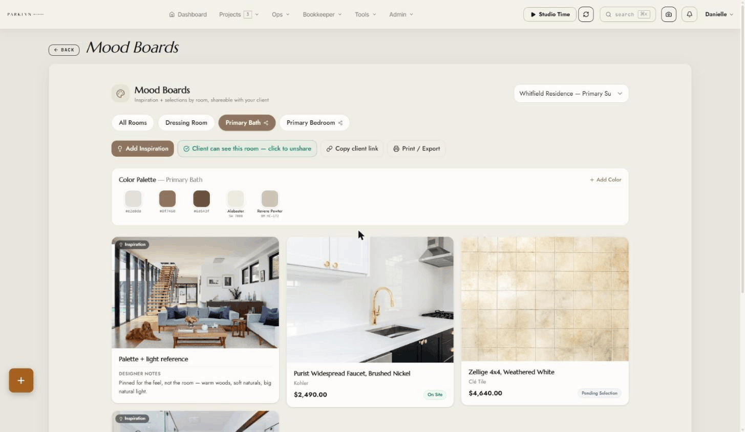 Mood board with real paint colors shared by public link — no login required